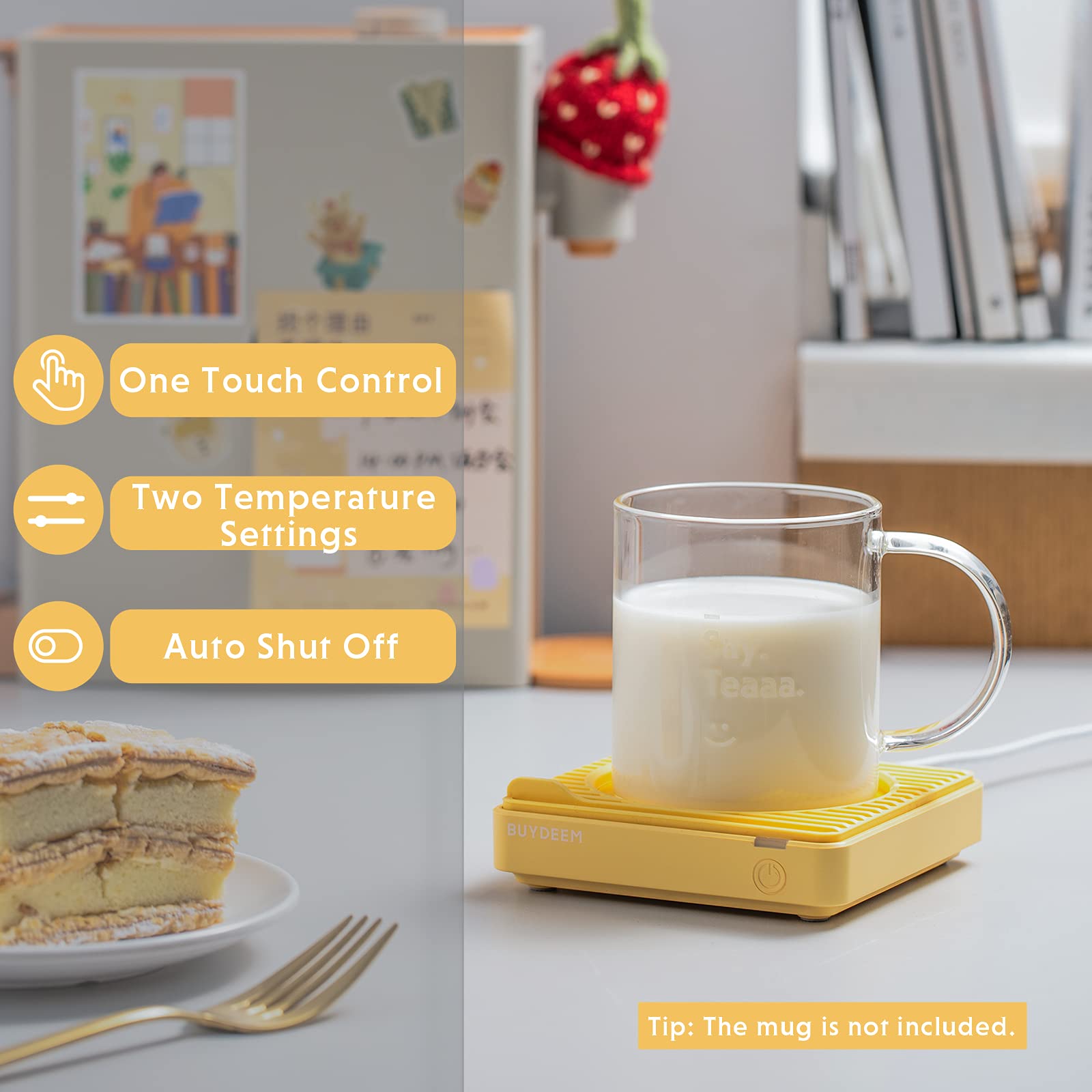 BUYDEEM OA20013 Calentador de tazas extra ancho, calentador de tazas de bebidas de un solo toque con 2 ajustes de temperatura y apagado automático, perfecto para uso en escritorio de oficina (amarillo
