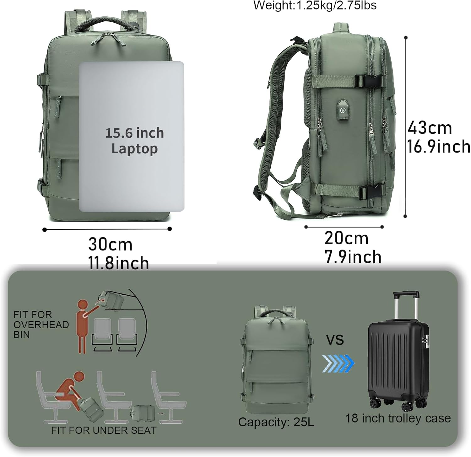 Somago Travel Backpack Carry On Casual Daypacks Rucksack Anti Theft for 15.6 Inch Laptop Business Backpack with Shoe Compartment Dry Wet Pocket USB Charger Port (Army Green)