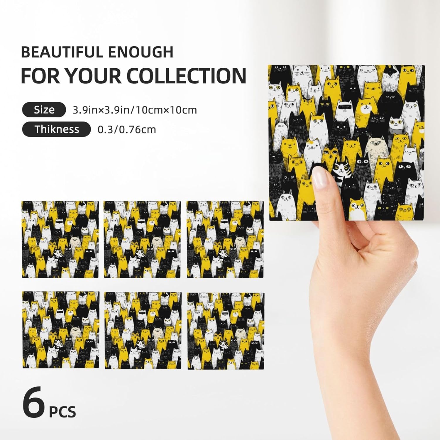 (Many Cats) Ceramic Coasters Set of 6 with Holder Non-Slip Square Coffee Coasters for for Cup Mug Drink Patio Coffee Table Decor, Christmas Coasters Home Bar Supplies