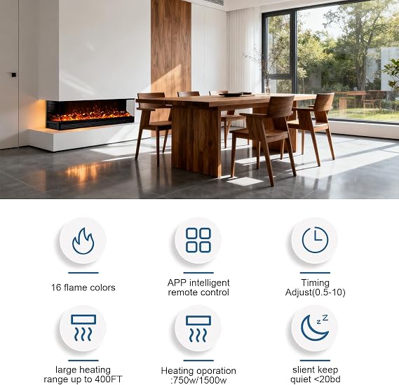 70 Inch Smart 1-2-3 Sided Electric Fireplace Inserts - Built-in - App/Remote Control - 750W/1500W Heating - 16 Realistic Flames - Wood Burning Sound - 10H Timer