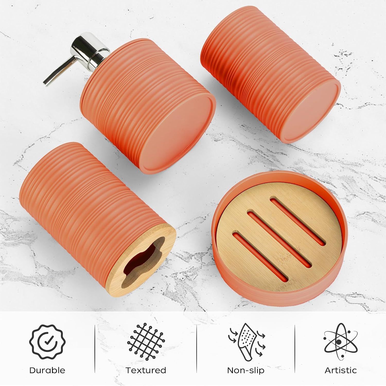 4PCS Orange Bathroom Set, Soap Dispenser, Dish & Bamboo Holder, Rustic