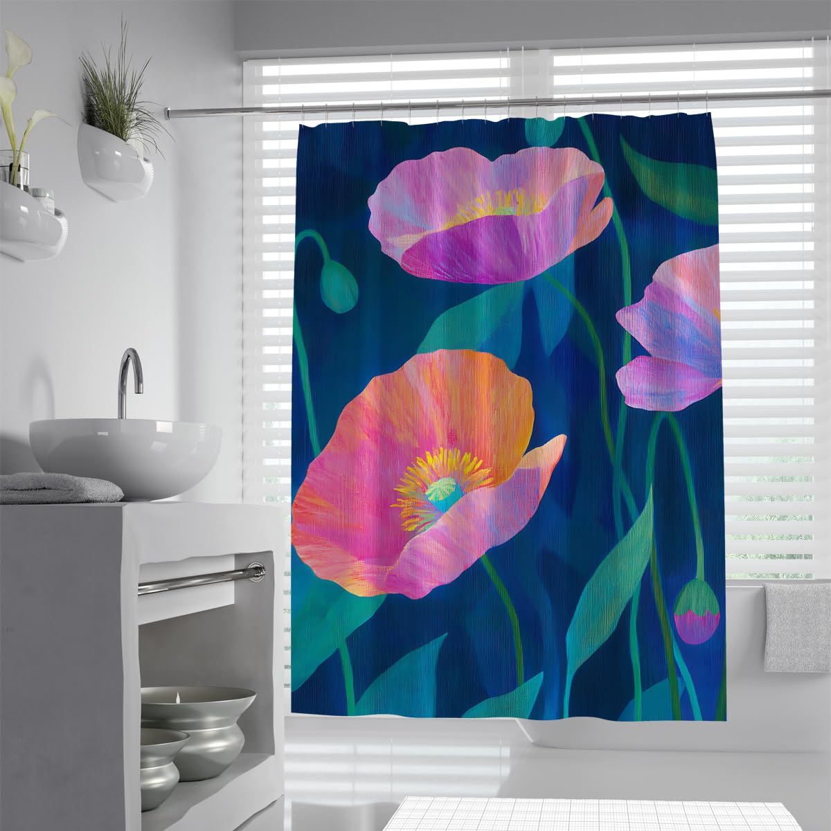 UIRINGART Modern Boho Wildflower Shower Curtain W180xL200cm Large Poppy Floral Design Machine Washable Quick Dry Bath Curtains For Bath Tub With Hooks