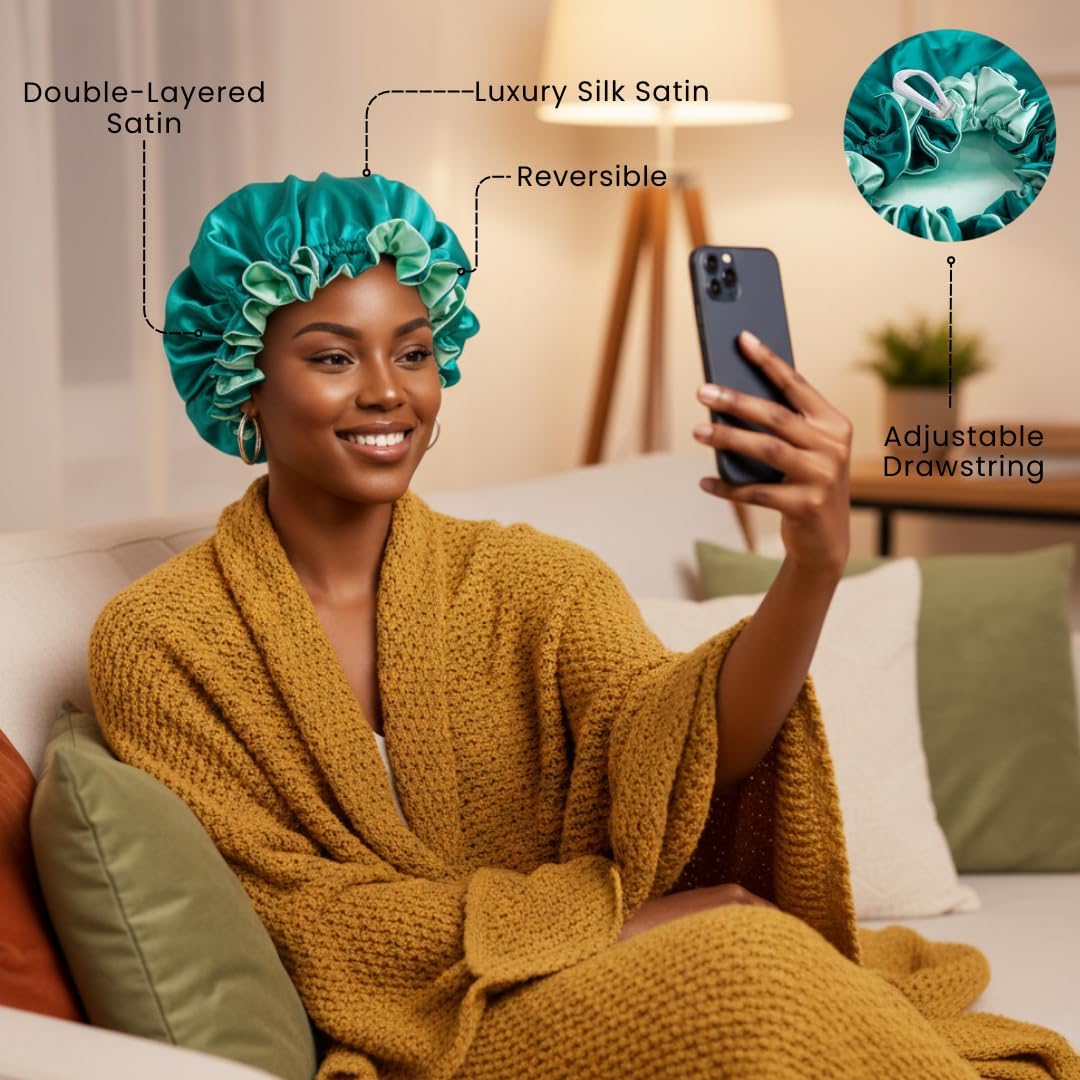 Silk Hair Bonnet for Sleeping, Reversible Bonnets for Black Women, Curly Hair Women Accessories (Teal-Mint)