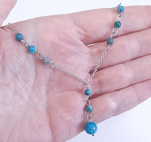 Miniatura 2 de Natural Crystal Bead Blue Apatite Stone Y Shaped Lariat Necklace Non-Tarnish Steel Chain
