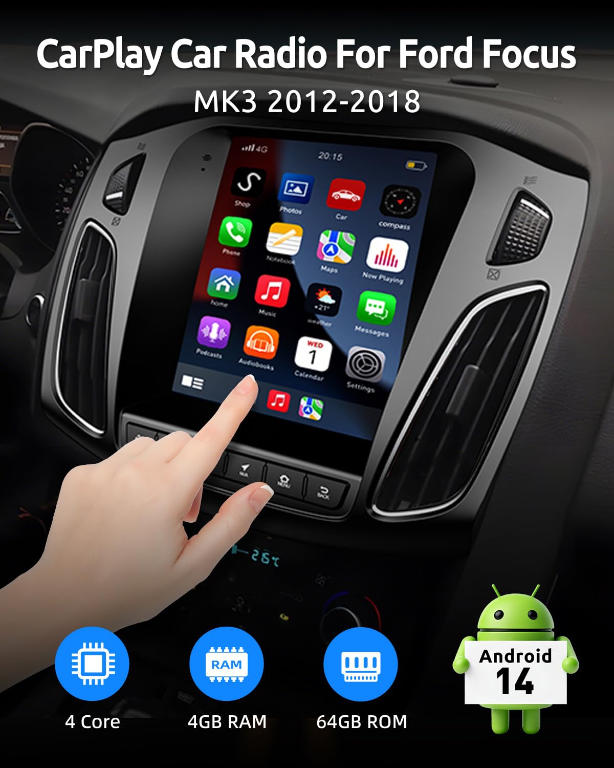 ESSGOO 4+64G Wireless Carplay und Android Auto Autoradio Für Ford Focus Mk3 2012-2018, 9,7 Zoll 1080P Touchscreen Android14 Auto Radio mit Bluetooth FM RDS GPS USB WiFi