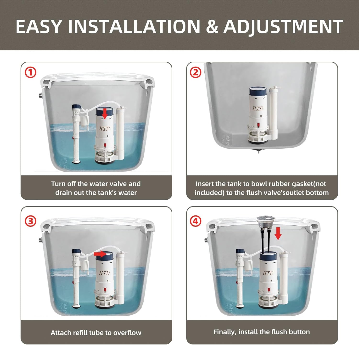 Universal one-piece toilet repair kit with dual flush valve and inlet valve, toilet tank replacement parts, suitable for 2-inch drain outlet, fixes leaks, easy to install.