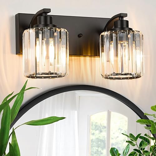 2 luces de cristal para tocador de baño, moderna lámpara de baño negra sobre espejo, luces de tocador para dormitorio, baño, pasillo, base E26