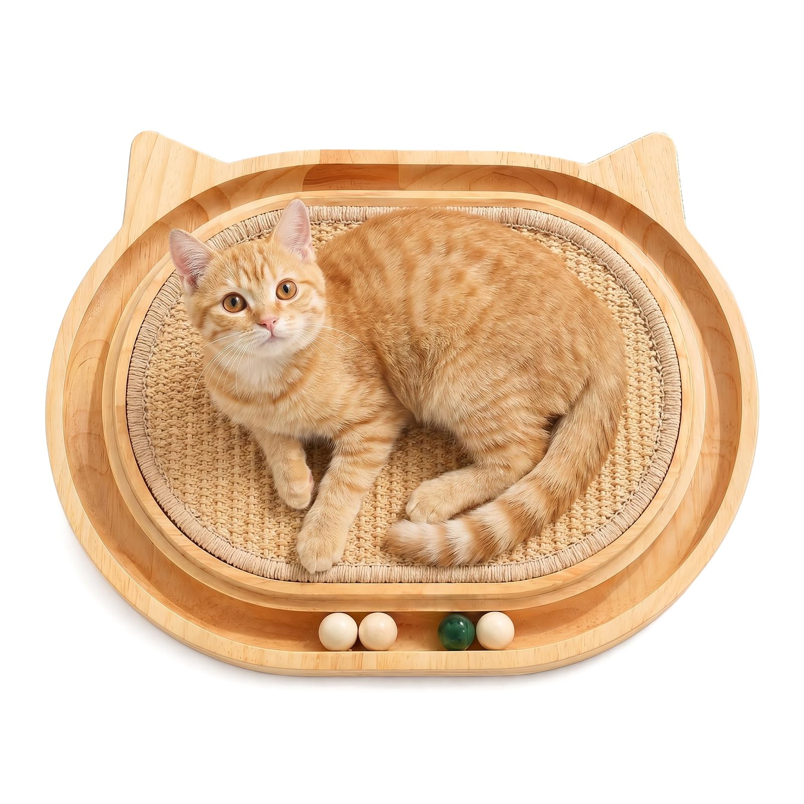 Cat Scratching Board, 3-In-1 Cat Toy with Solid Pine Wood Track and 4 Moving Balls, Large Sisal Cat Scratcher for Indoor Cats to Play and Rest, Durable Floor Cat Scratching Mat for All Cats, 43x33x3cm