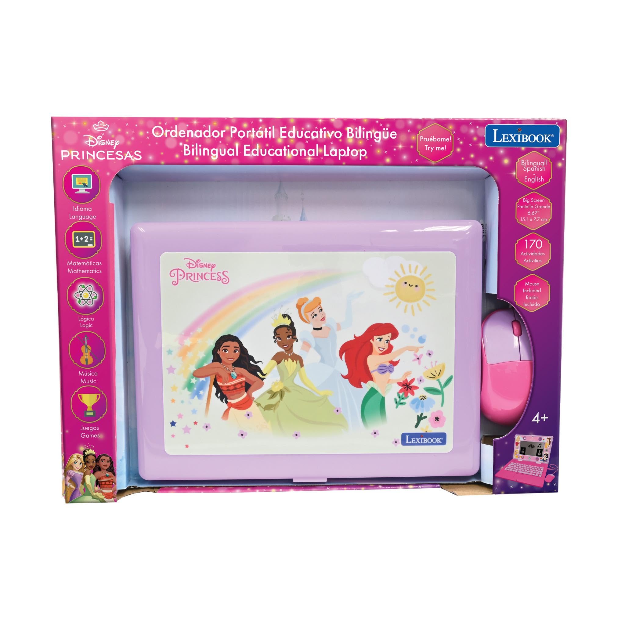LEXIBOOK, Princessas Disney, Portatile Bilingue e Educativo Spagnolo/Inglese, Giocattolo per Bambini, 170 Attività per Imparare, Giocare Giochi e Musica, Grande Schermo Rosa, JC599DPi2LXB