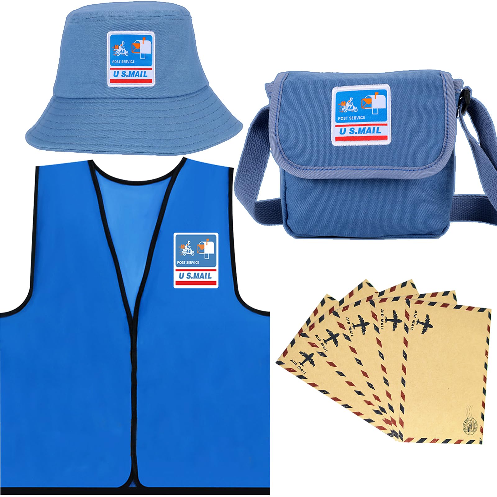 CINKCO Kids Premium Mailman Costume Kit Bucket Cap+Postman Bag+Vest+Envelope(4 in 1) Career Day Occupational Postman Dress Up for 5-12 Years Old