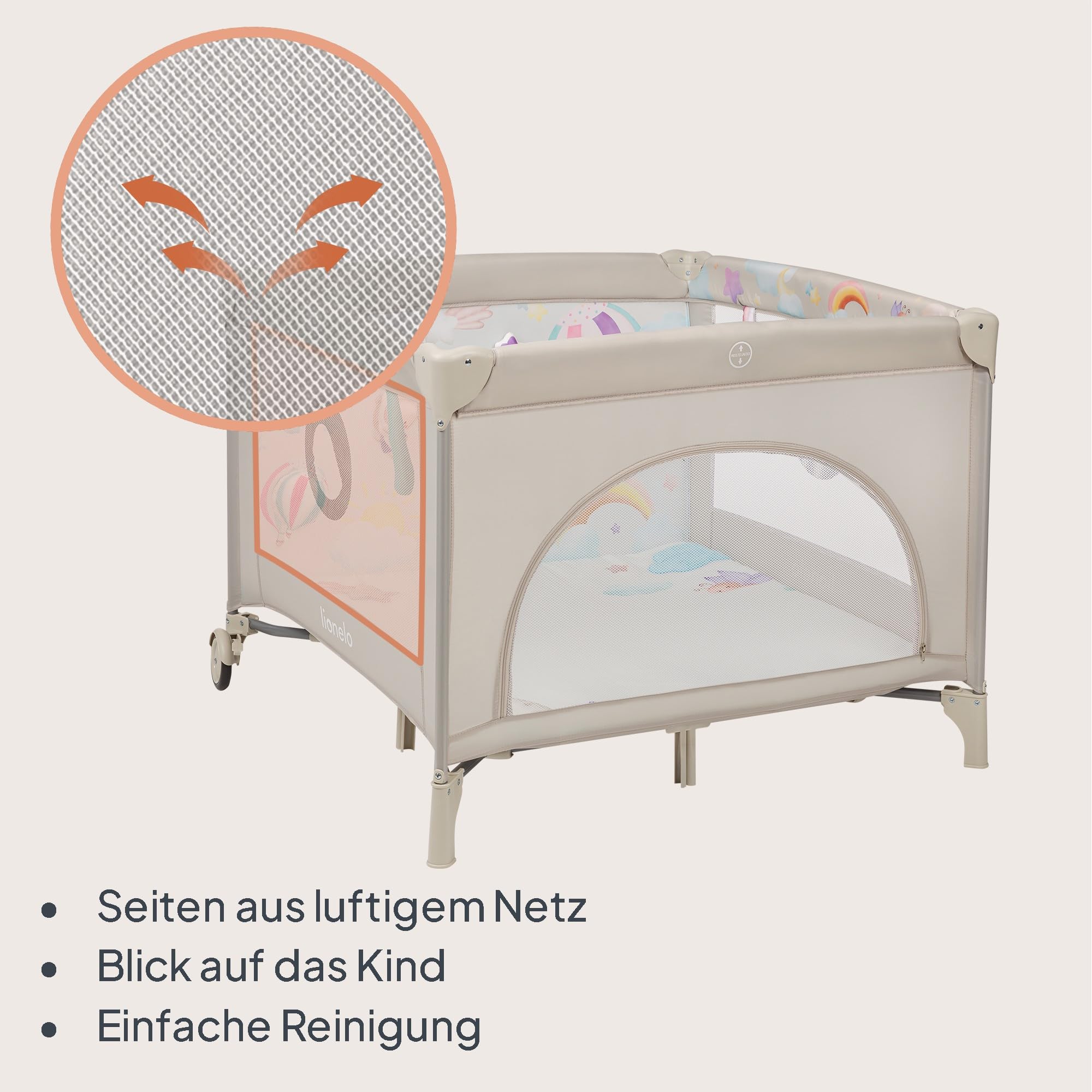 LIONELO Mille Plus Laufstall 100x100 cm mit Komfortmatte mit 3D-Bezug für Babys, bis 15 kg (0–36 Monate), Seiteneinstieg mit Reißverschluss, 2 Rollen mit Bremse, faltbar, Tragetasche