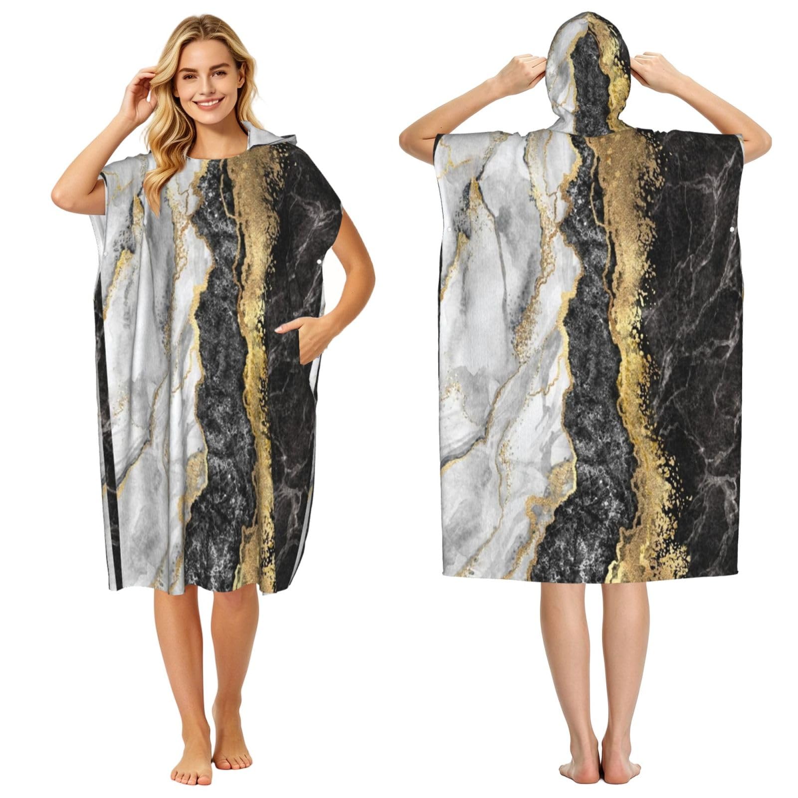 Poadnly Black White Gold Foil Marble, Adult Hooded Beach Towel 90 x 110 cm,Changing Bath Robe, Surf Poncho Towel For Women Men