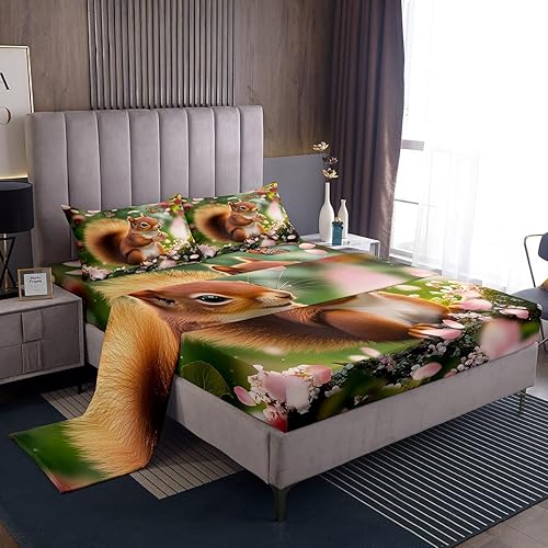 Miniatura 3 de Juego de sábanas de ardilla tamaño Queen con estampado de flor de cerezo rosa para niños y niñas, sábana bajera ajustable de ardilla de dibujos