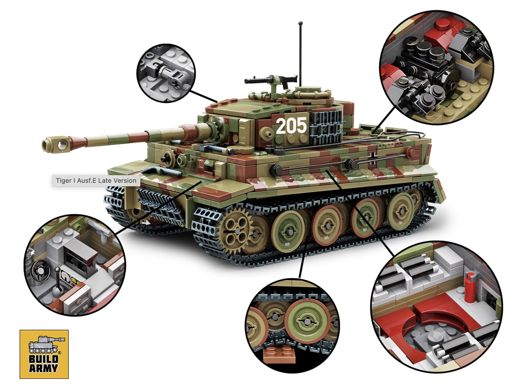 Buildarmy WW2 tedesco Tiger 1 E versione tardiva in mimetico, set di mattoncini per costruzione di modelli, 1157 pezzi