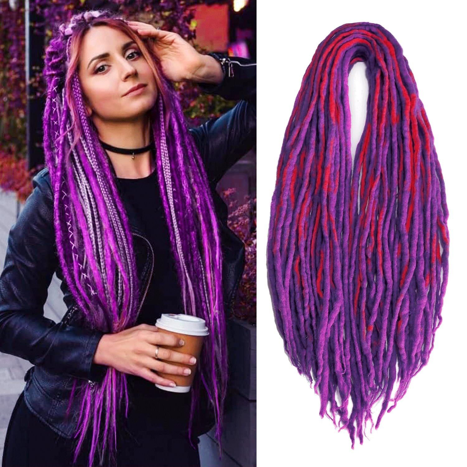Handmade Long Black purple ombre Loc extensions Crochet Synthetic Dreads: Black, Purple, Green, and Silver  main image 4