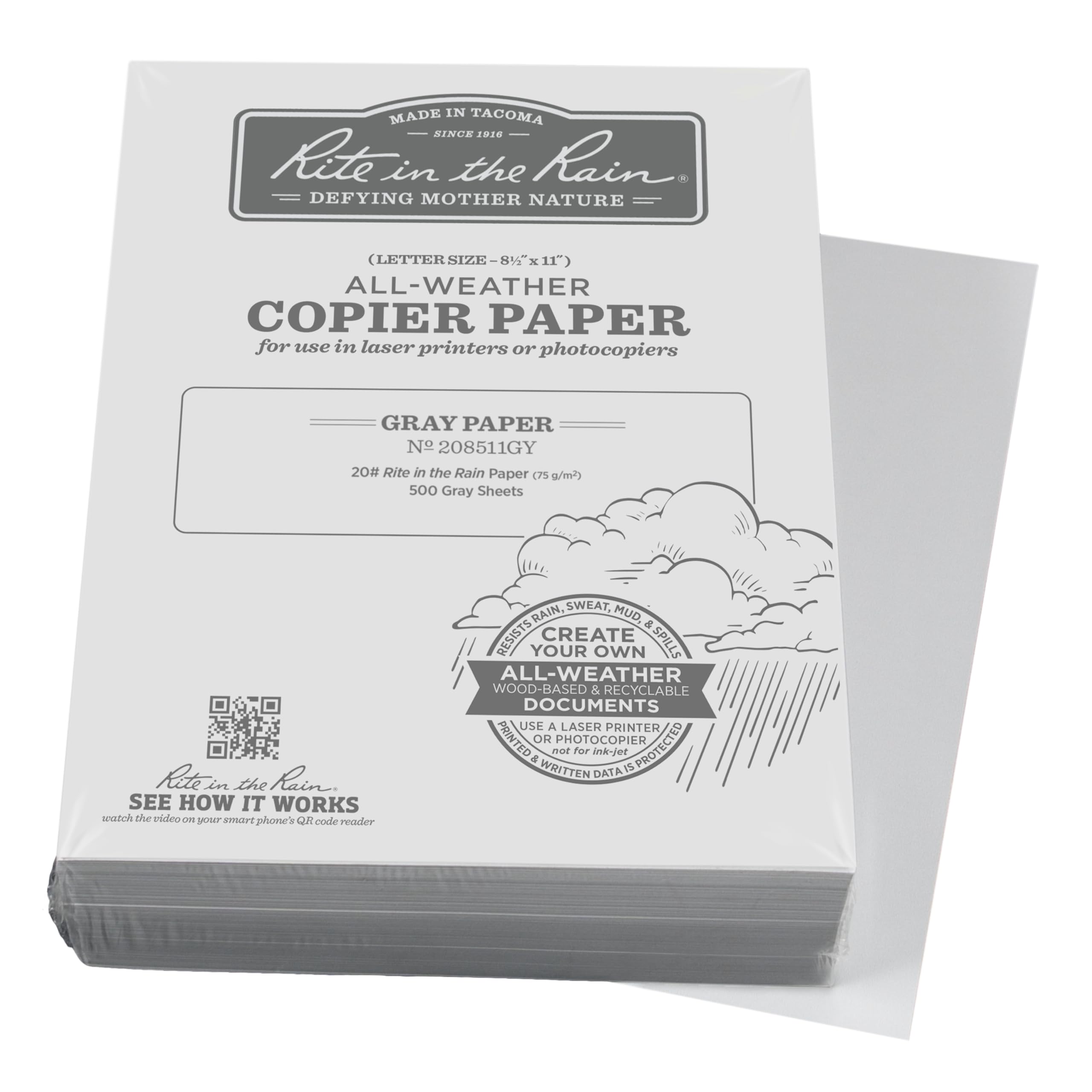 Rite in the RainWeatherproof Bulk Copier Paper, 8.5" x 11", 20# Gray, 500 Sheet Pack (No. 208511GY)