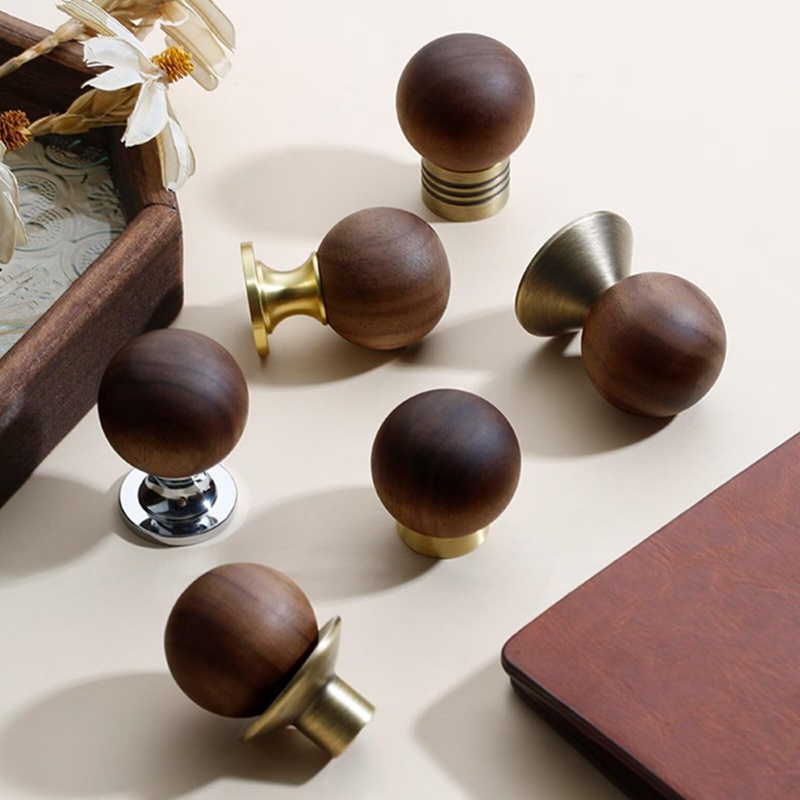 Set di 10 pomelli in legno naturale da 30 mm, semplici pomelli in legno massello di noce, maniglie per cassetti con viti, per mobili da cucina, porte, armadi, scrivanie, cassetti, librerie