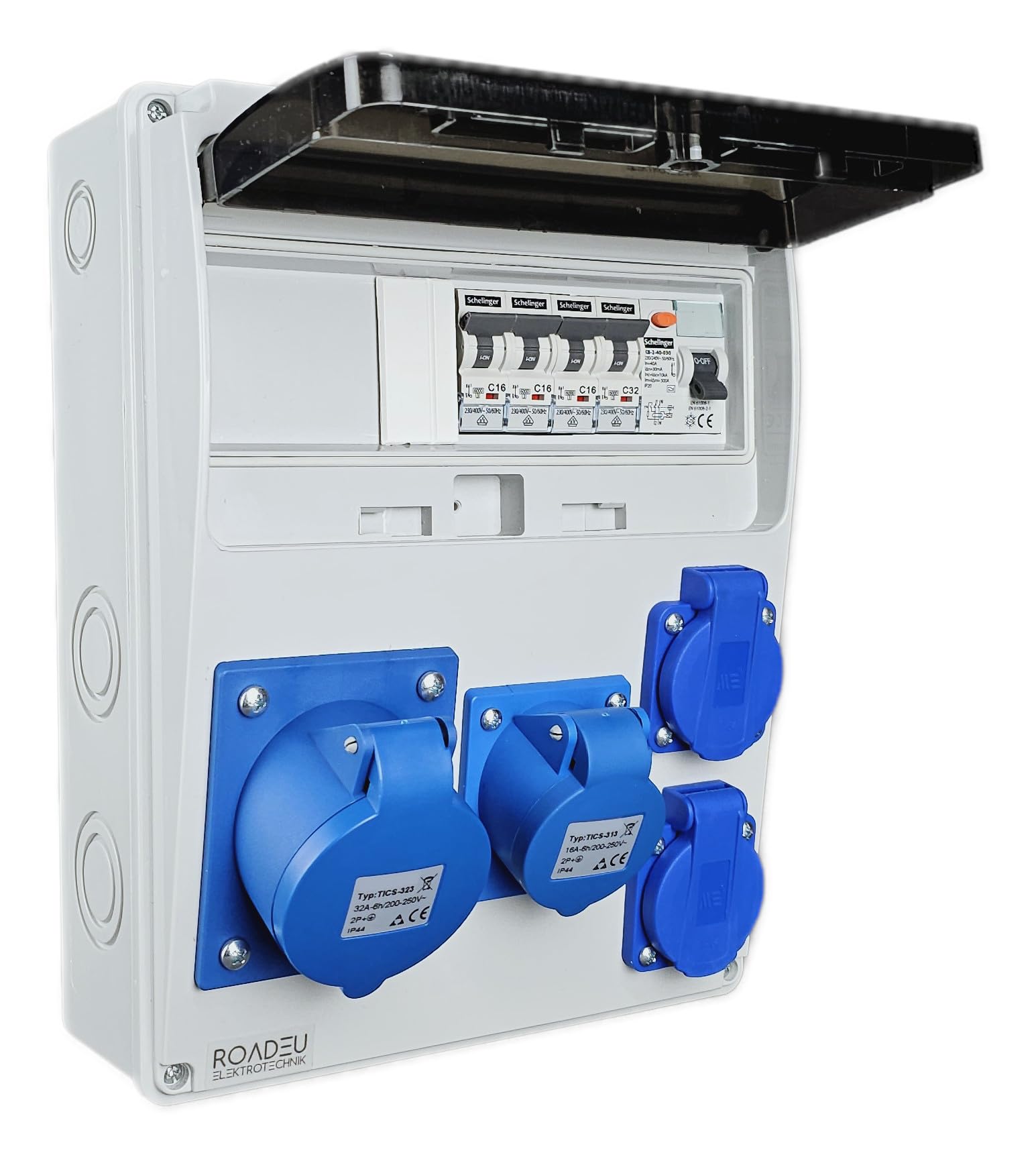 RoadEu | Cuadro Eléctrico Monofásico IP44 | Caja de Distribución Precableada con Interruptor Diferencial FI & Magnetotérmicos | 1x Toma CEE 32A, 1x CEE 16A & 2x Tomas 230V