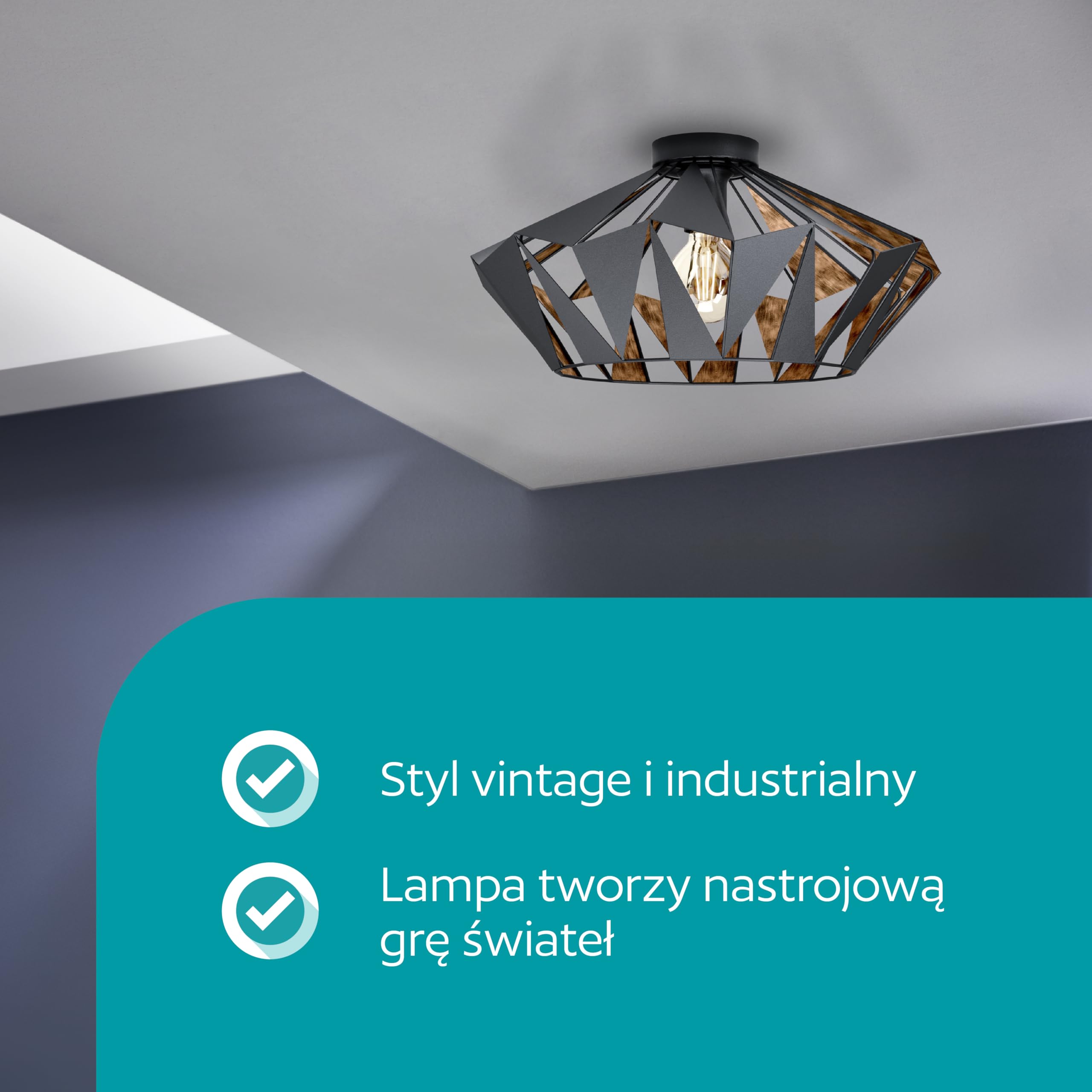 EGLO lampa sufitowa Carlton 6, E27 | oświetlenie vintage w stylu industrialnym i retro, stalowa oprawa do salonu, czarno-miedziana, do kuchni i korytarza