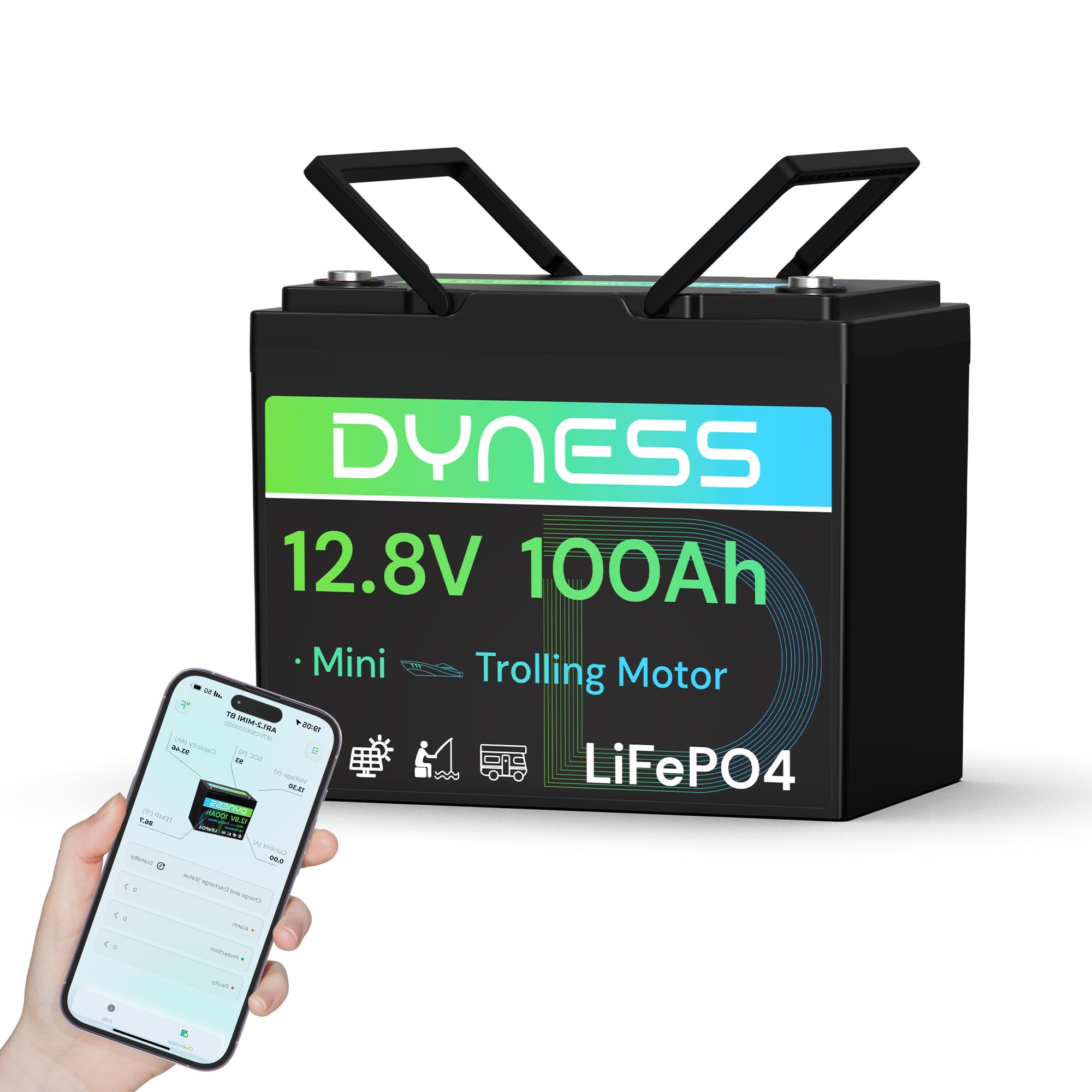 Dyness LiFePO4 12V 100Ah Lithium Batterie Bluetooth Mini mit 100A BMS, Max.15000 Zyklen, 12V Deep Cycle Lithium Eisenphosphat Batterie für Wohnmobile und netzunabhängige Anwendungen
