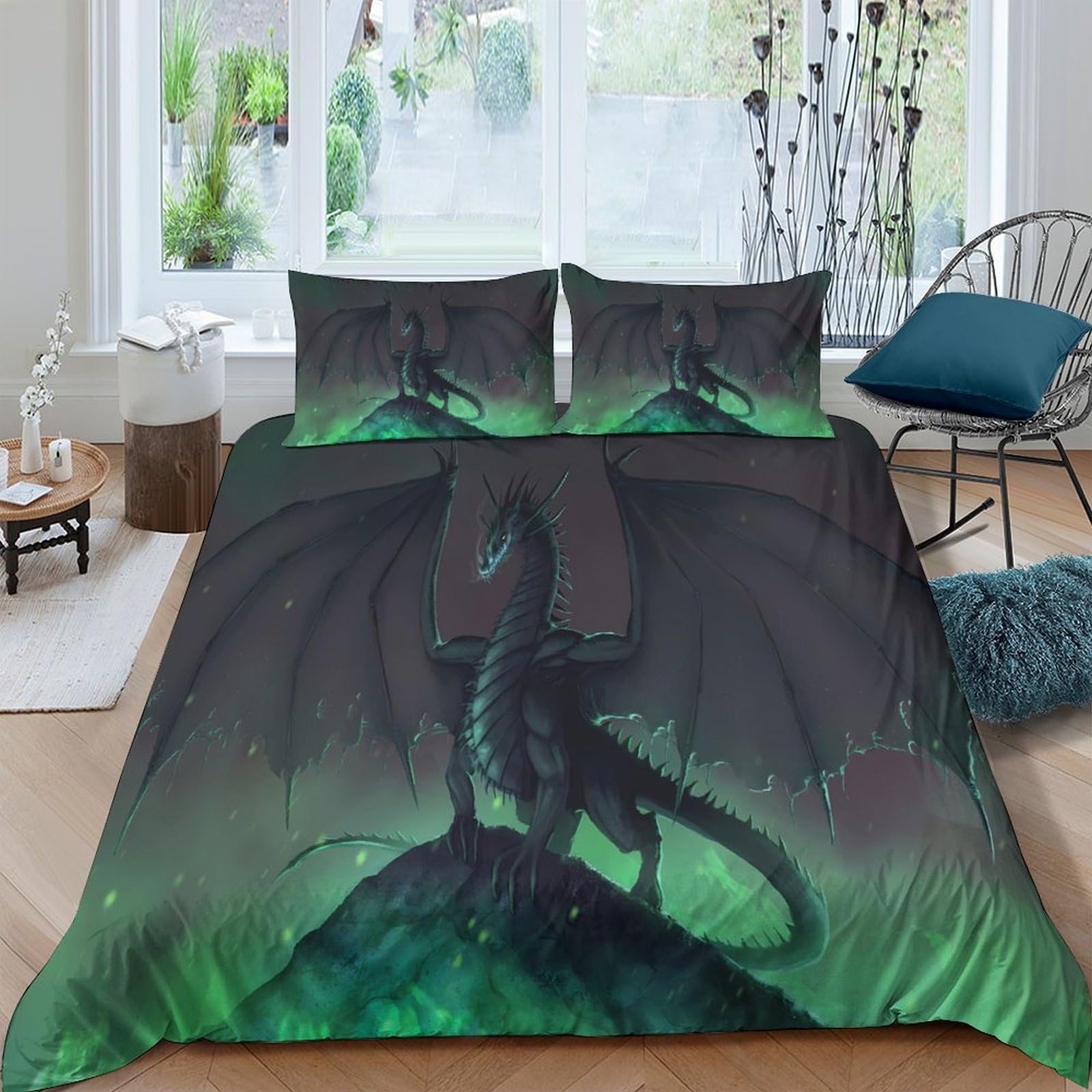 Ctjqhvkz Style-3 3D Printed Dark Dragon Fitted Sheet Microfiber Soft Green Fantasy Mattress Cover For Bedroom Guest Room Decor Single（135X200cm）
