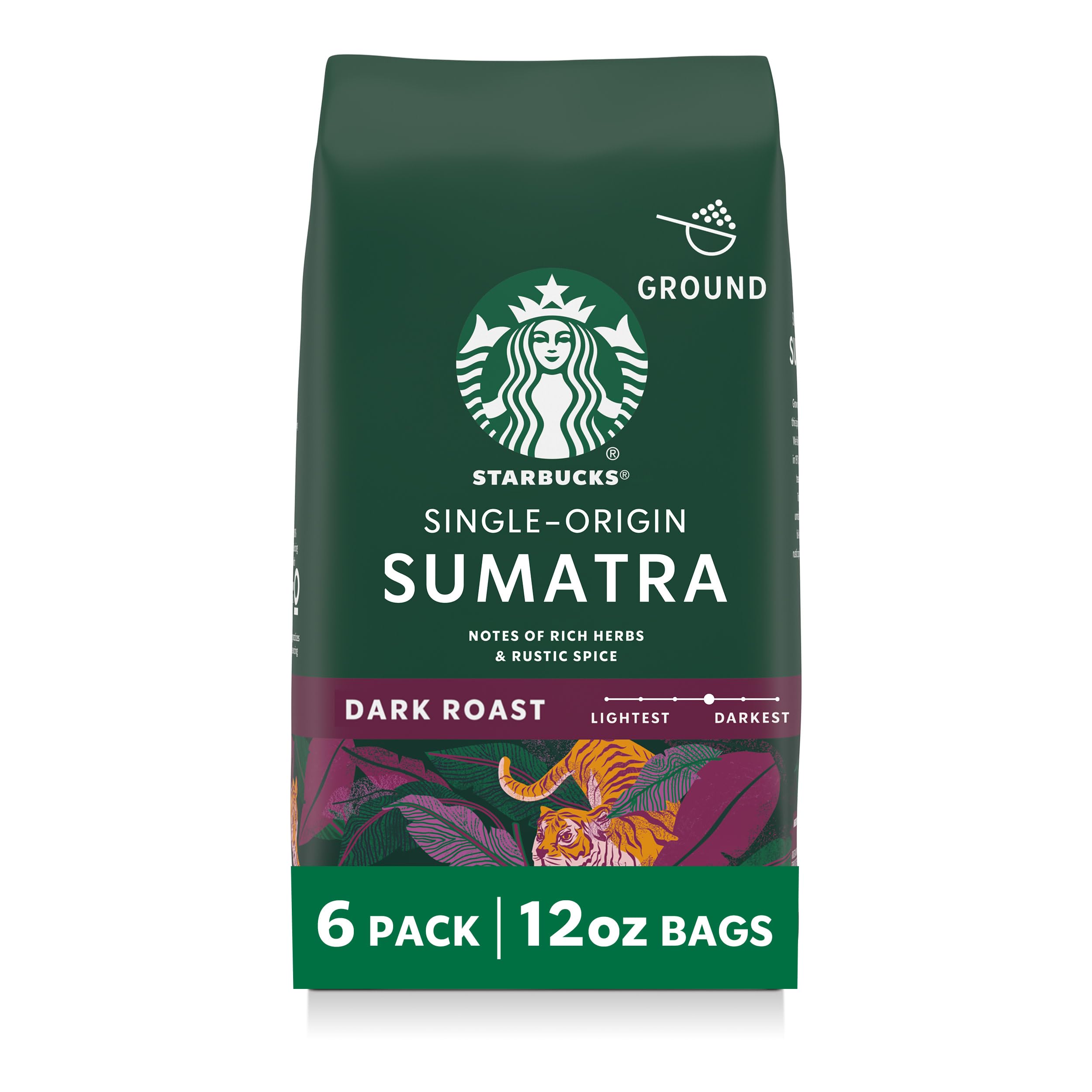 Starbucks Ground Coffee, Dark Roast Hot or Iced Coffee, Single-Origin Sumatra, Six 12 oz Bags​