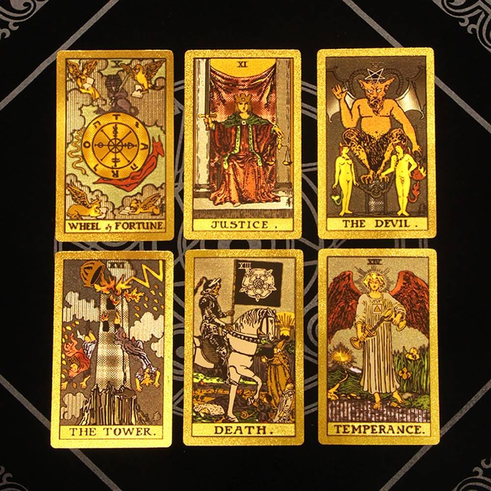 Générique Gold Foil Tarot, Version Anglaise des Outils de Divination, Cartes de Jeu de société de Divertissement Familial, charmants Decks Premium Gold Foil Tarot,Hexagonal Gold,12 * 7cm