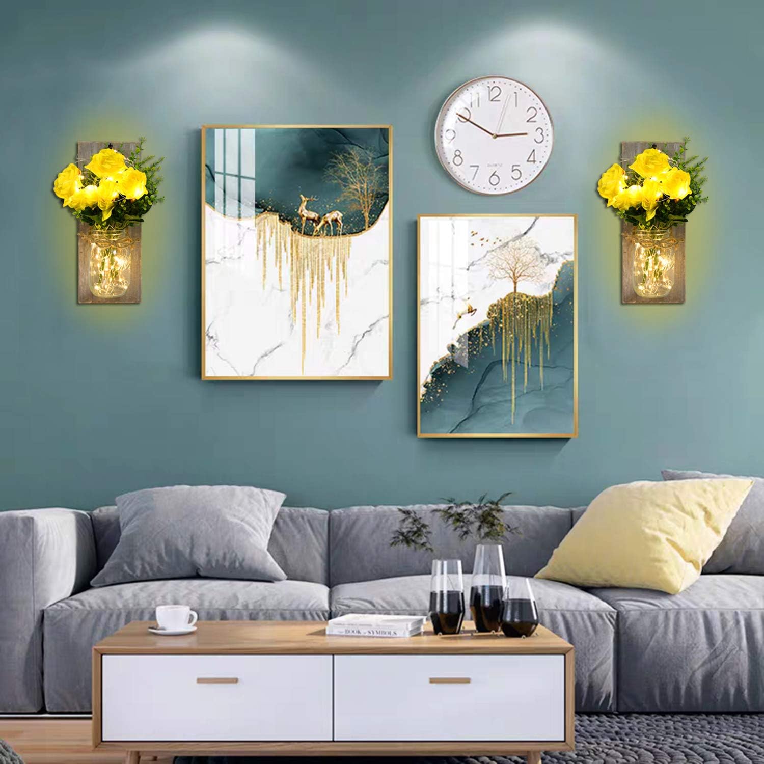 Mason Jar Sconces Wall Decor - Rustic Hanging Handmade Wooden Wall Sconces with Timer Remote Control LED Fairy Lights and Yellow Rose for Living Room Bedroom Farmhouse Kitchen Wall Decor Set of Two