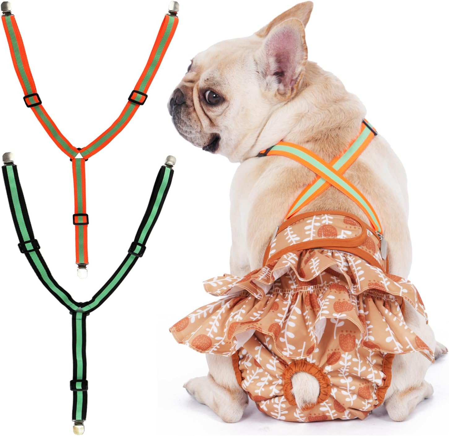 Detachable Suspenders for Dog Diapers, Skirt and Dresses, Pet Diaper Keeper for Small Medium Large Dog (S, Orange and Green)