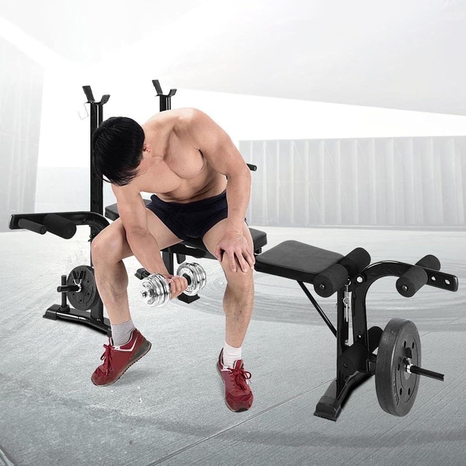 Standard Weight Bench with Preacher Curl & Leg Developer, 800LBS Heavy Duty Adjustable Bench Press Set for Home Gym, Includes Barbell Rack for Full Body Strength Training