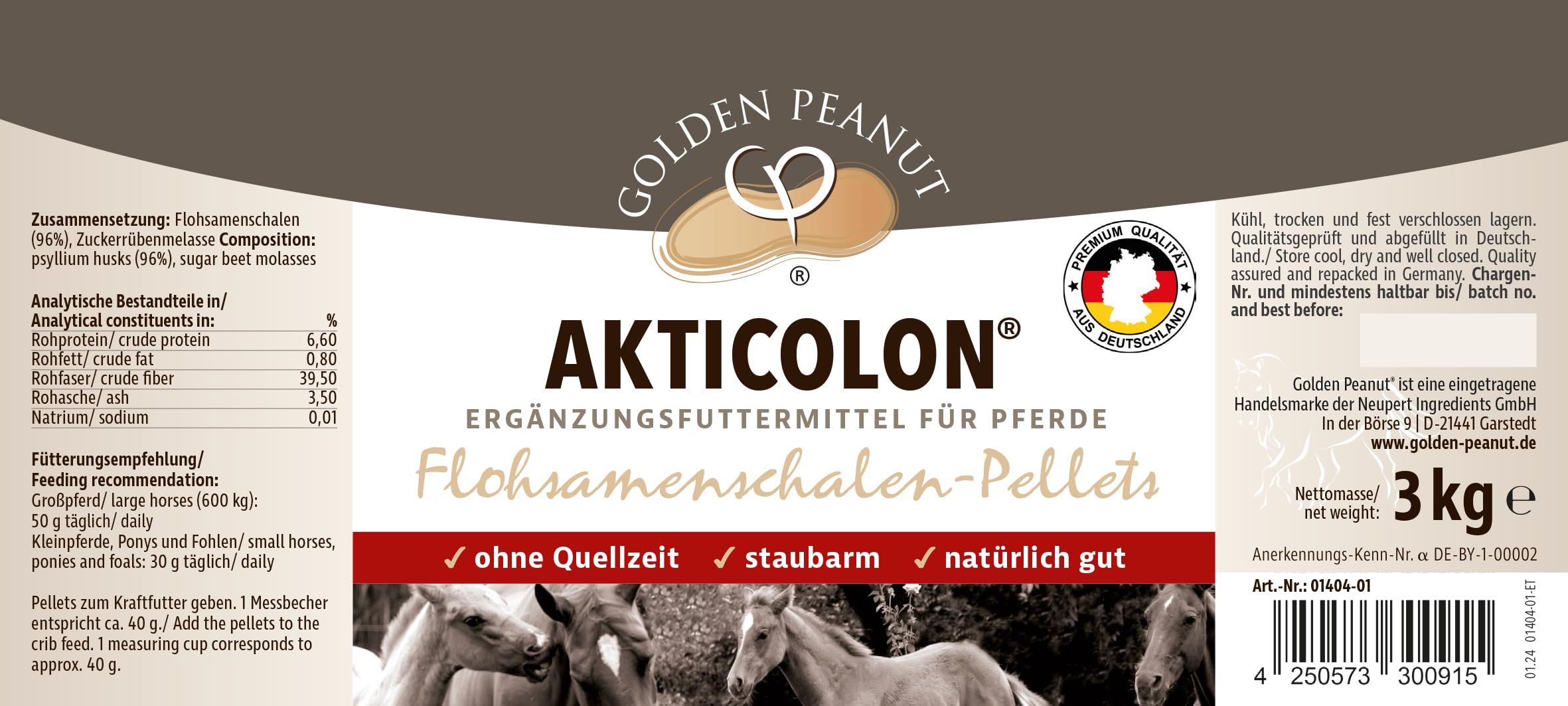 GOLDEN PEANUT Akticolon Flohsamen Pellets 3 kg - Flohsamenschalen pelletiert, Ergänzungsfutter für Pferde & Ponys - Das Original