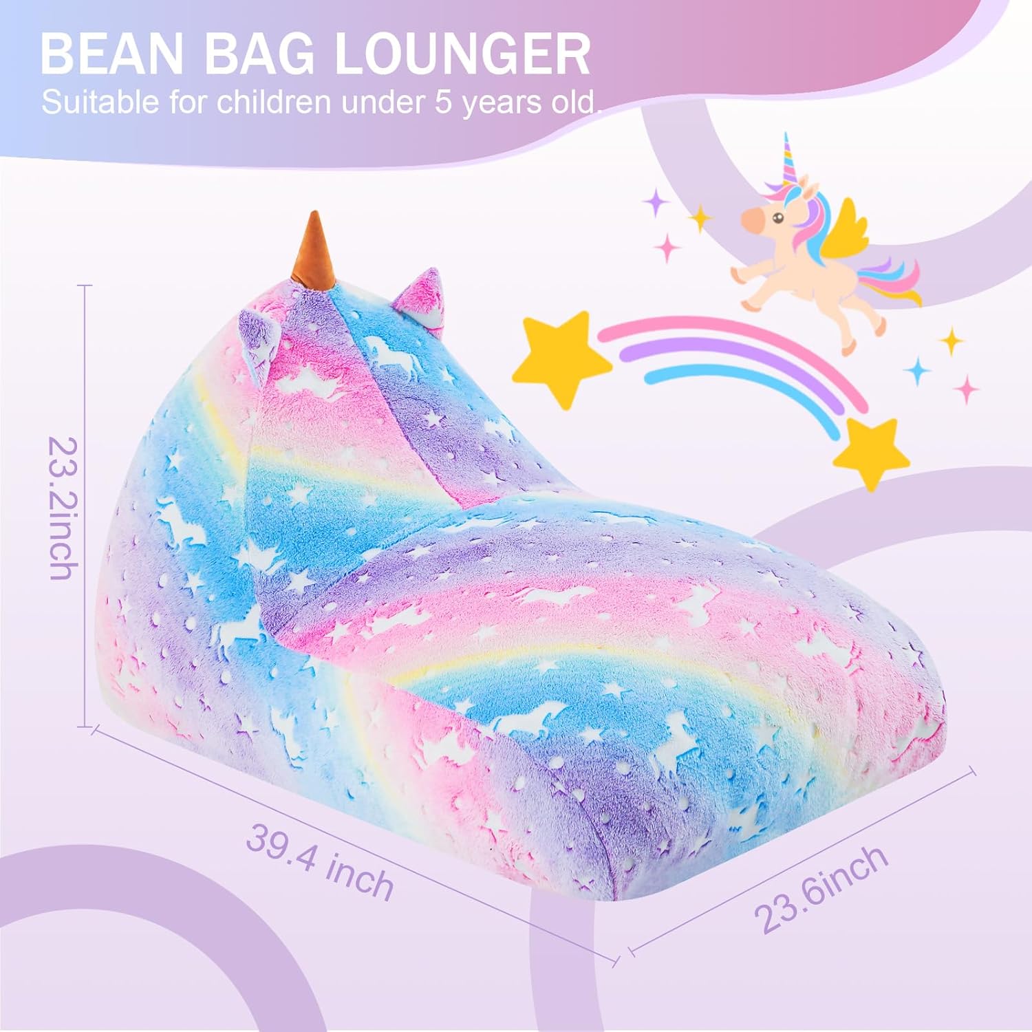 COMAX Unicorn Bean Bag Chairs for Kids 8-12, Kid Beanbag Chair with Filler, Big Toddler Lounge Bean Chair, Children Lazy Floor Lounger for Girls Boys, Glowing Rainbow