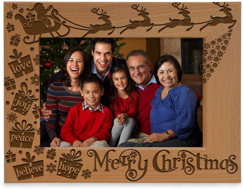 KATE POSH Merry Christmas Love Peace Joy Believe Hope, The Magic of Christmas Family Picture Frame. Santa, Reindeer and Sleigh Decor. Engraved Natural Wood Photo Frame (5x7-Horizontal)