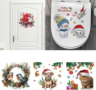 5 Sheets Toilet Lid Stickers,Poinsettias Christmas Decorations Stickers for Toilet Lid,Wreath Window Clings Decorations