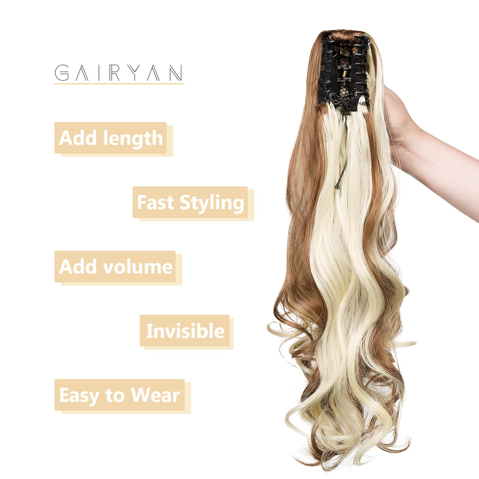 Gairyan 20inch Ponytail Extension Clip in Ponytail Hair Extensions Curly Wavy Pony Tails Claw on Ponytail Long Wave Synthetic Hairpieces for Women Soft Real Look (Golden Brown & Bleach Blonde) - Image 4