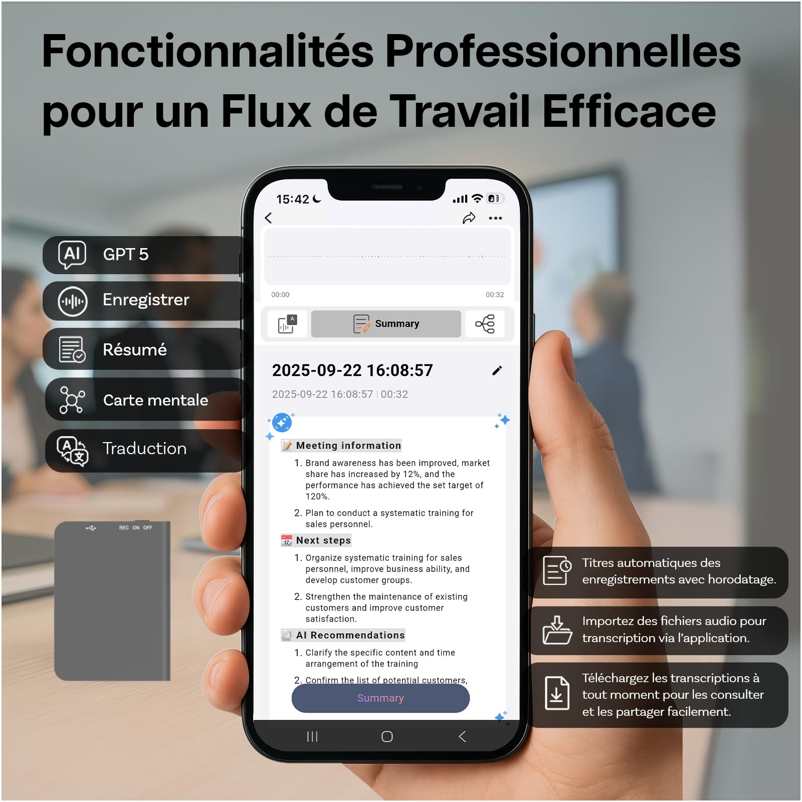 Enregistreur Vocal IA 32 Go par MMOBIEL – Dictaphone Numérique avec Contrôle par App, Transcription & Résumé IA, Traduction en Temps Réel, Bluetooth, Fonction Mindmap pour Réunions, Appels, Cours