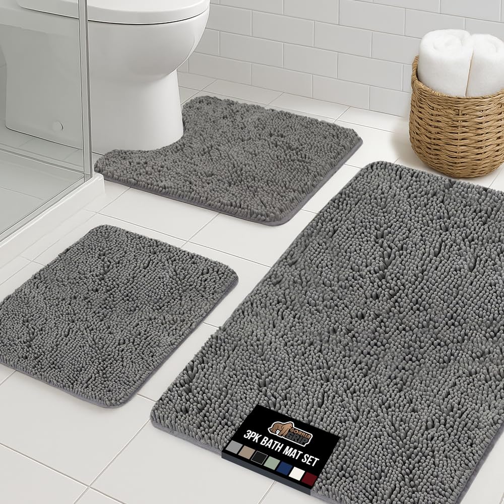 GORILLA GRIP Bathroom Rug Sets 3 Piece, Bath Mat Set and Oval Toilet Base with Rubber Backing, Plush Absorbent Shaggy Chenille Washable Mats, Includes