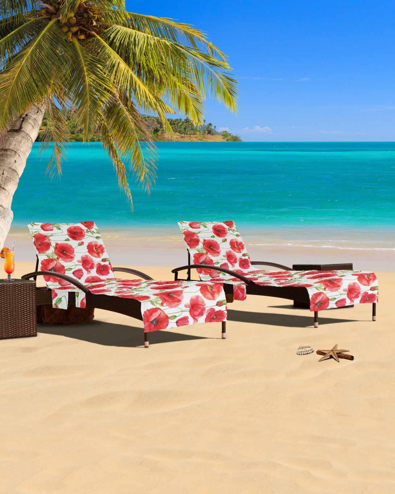 Floral Red Beach Chair Cover with Side Pockets, Microfiber & Quick Dry Pool Chaise Lounge Chair Towels Covers for Sun Sunbathing Patio Garden Hotel, astoral Country French Botanical Flower Plant