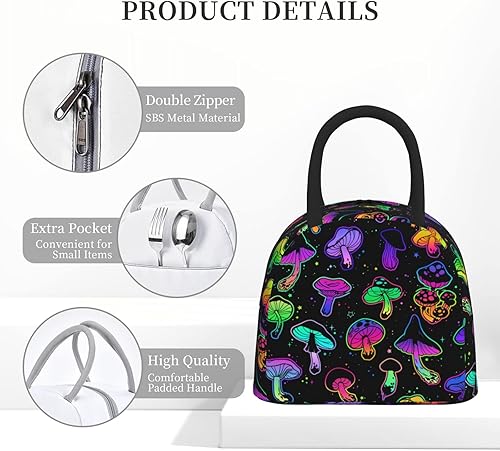 Miniatura 5 de Fiambrera de hongos psicodélicos brillantes, reutilizable, aislada, impermeable, con cierre de cremallera de bolsillo, para mujeres, hombres,