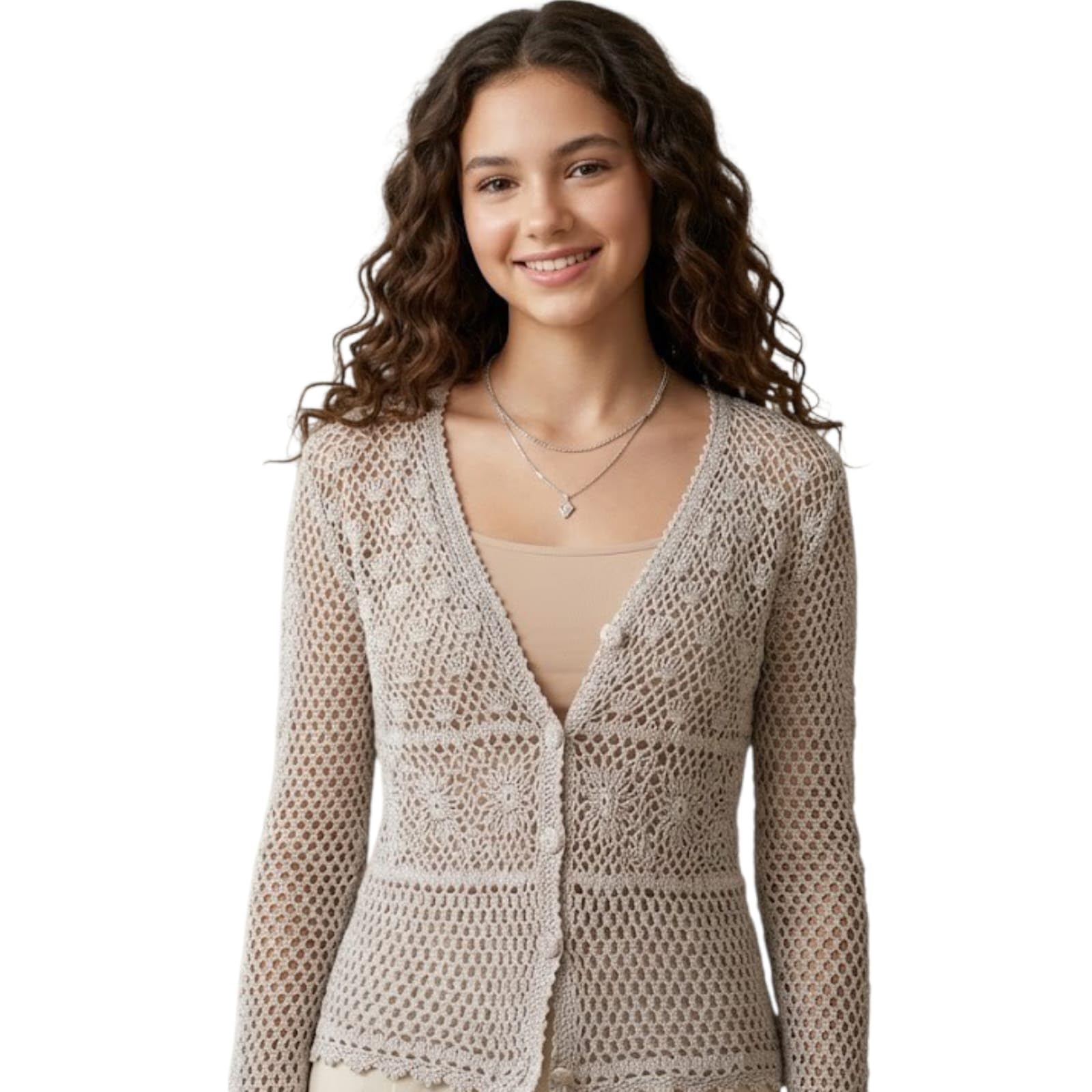 Women’s Premium Pointelle Crochet Cardigan - Elegant Long Sleeve Sheer Knit Shrug, V-Neck Button-Down Lace Grey Shrug for Spring/Summer Fashion-picture-26
