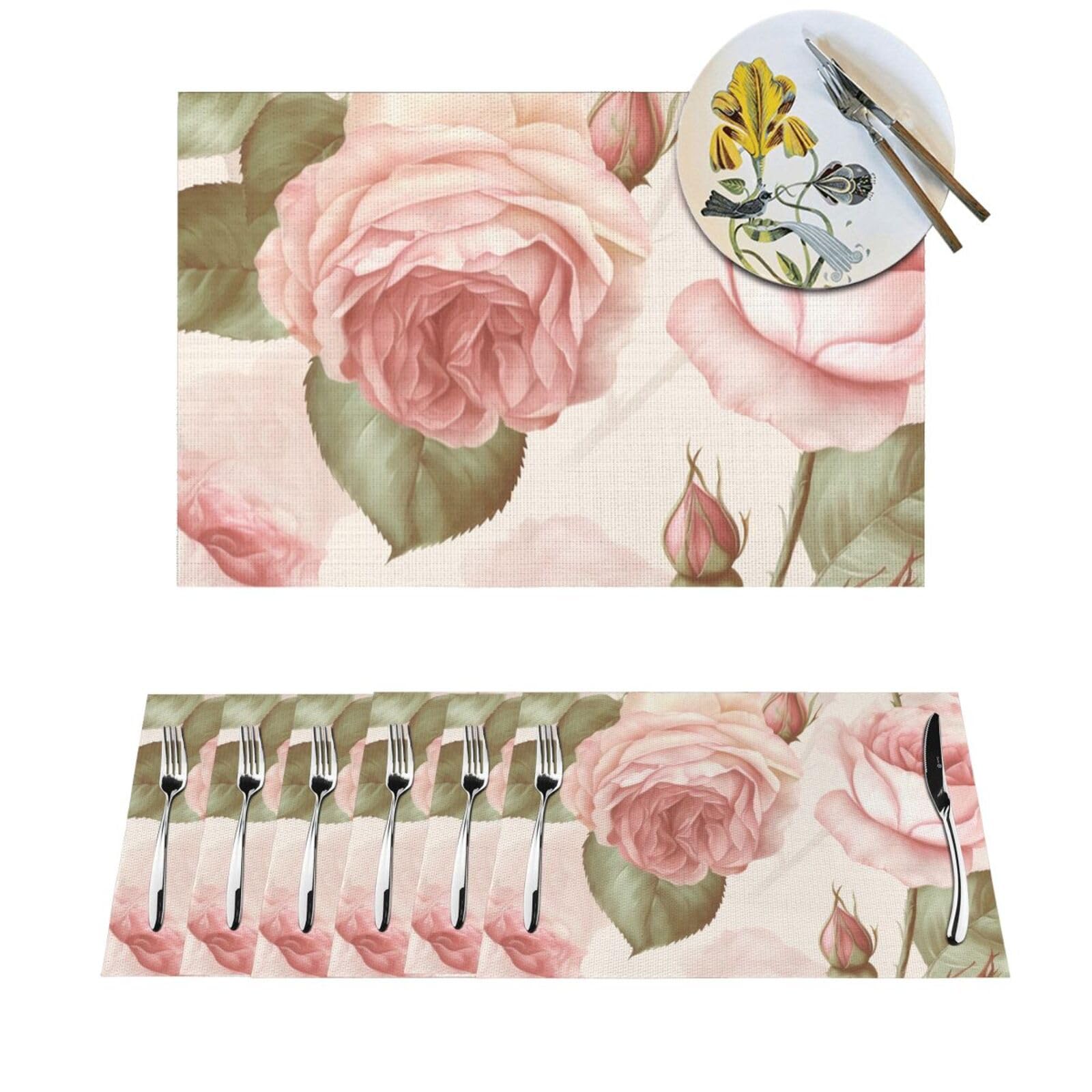Sets de table tissés en PVC antidérapants et lavables motif roses de beauté