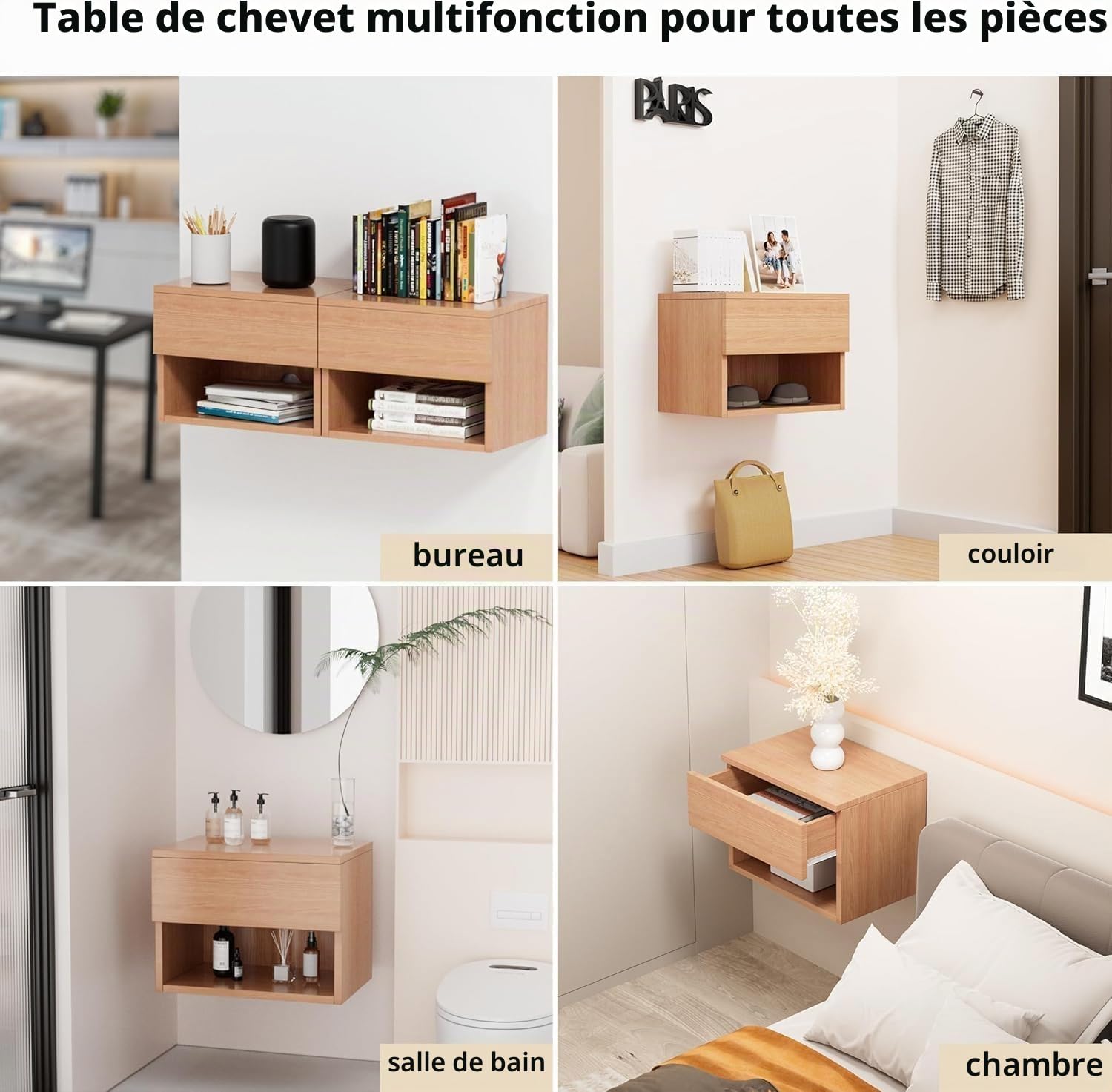 Kiseely Lot de 2 Tables de Chevet murales, Table de Chevet Murale Moderne avec tiroir, étagère de et Bureau en Bois, Table d'appoint en Bois (Hêtre QF1)