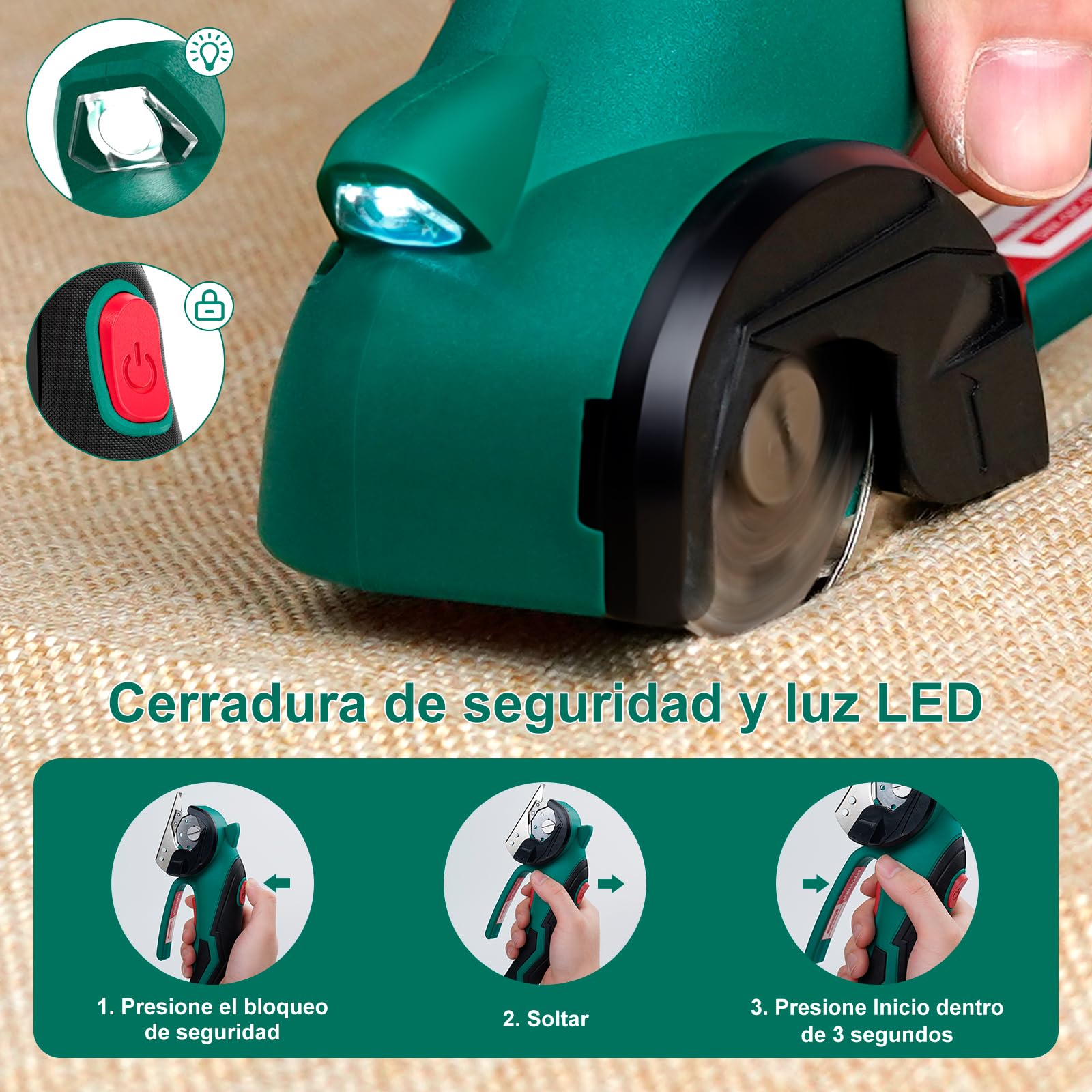 HYCHIKA Tijera Electrica Inalámbricas 4V, Cúter Rotativo Eléctrico 300 RPM, Tijeras Eléctricas con 2 Cuchillas y LED para Tela, Costura, Cuero, Alfombra, Cartón y Plástico