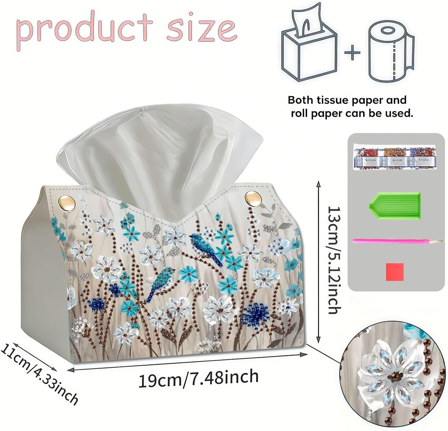 LQCrafK DIY Diamond Art Painting Tissue Box Cover PU Leather Holder for Home Living Room Car Vehicle Decor Unique Rhinestone Mosaic Craft Kit Organizer Case-Flower Bird image 5