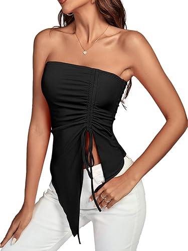 LYANER Top de tubo sin tirantes con cordón lateral de punto acanalado para mujer