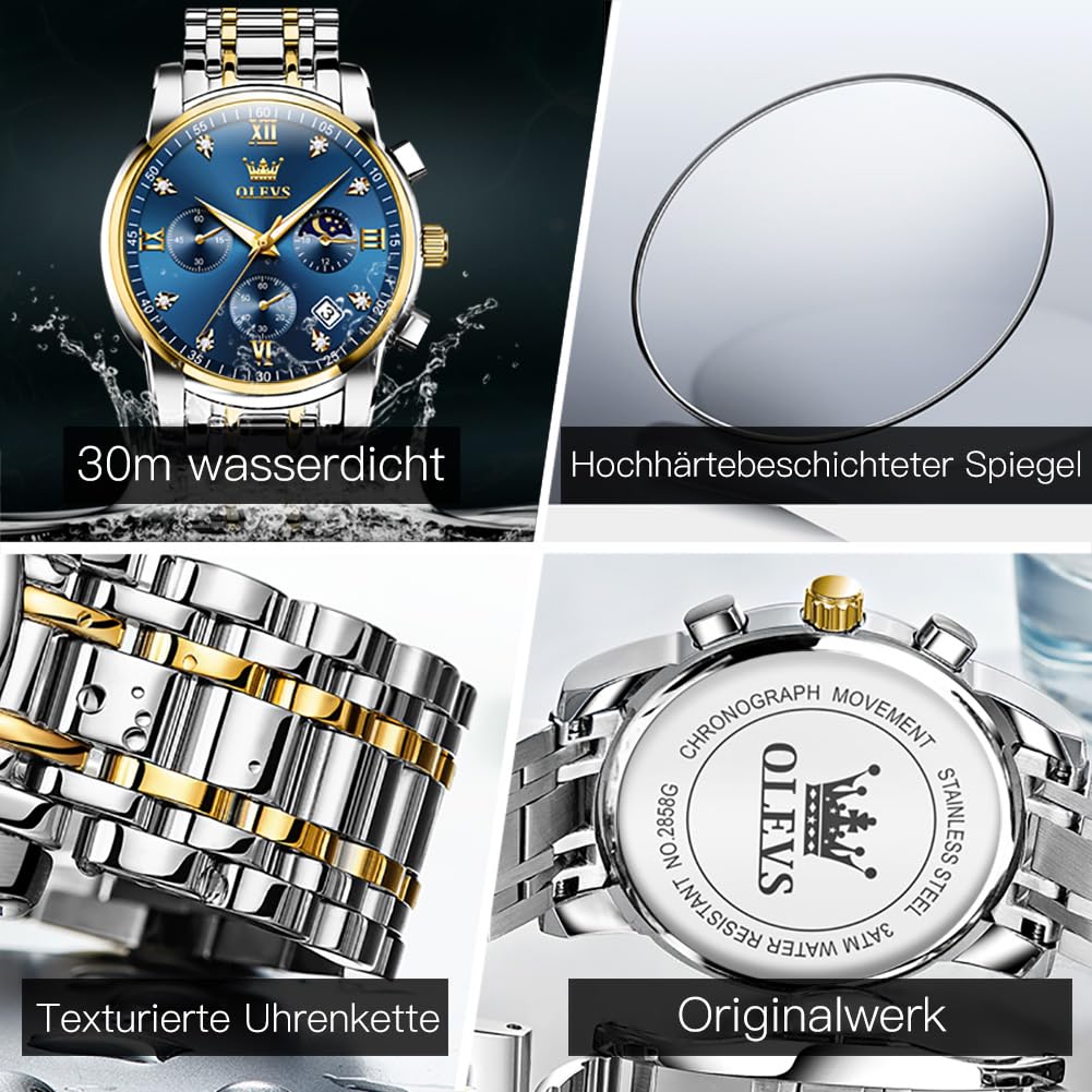 OLEVS Herrenuhren Blau Edelstahlarmband Quarz Uhr Männer mit Diamant Datum Wasserdicht Leuchtende... Ansicht 5