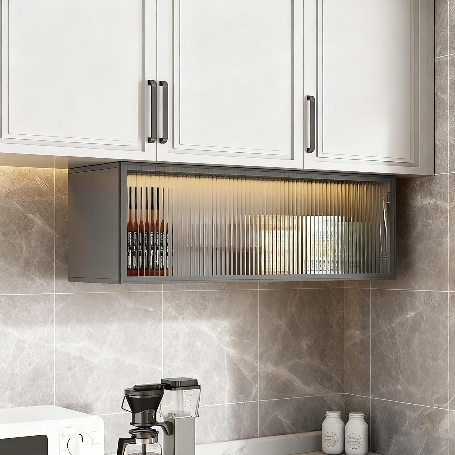 Wall Mounted Storage Cabinet with Fluted Glass Door, Modern Flip-up Hanging Cupboard, Push-to-Open Medicine Cabinet for Kitchen, Bathroom,D-80/31.4in