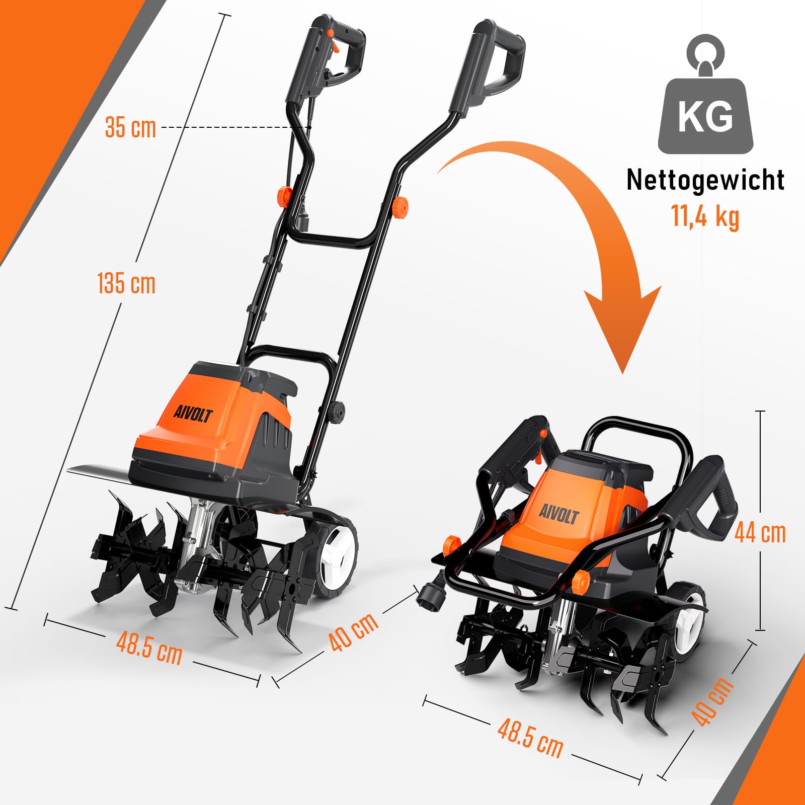 AIVOLT Motorhacke Elektrisch für den Garten, 1800W Gartenfräse Bodenhacke, 48cm Breite 22 cm Tiefe Bodenfräse mit 24 Stahlzinken, 400 U/min kabelgebundene Motorhacke