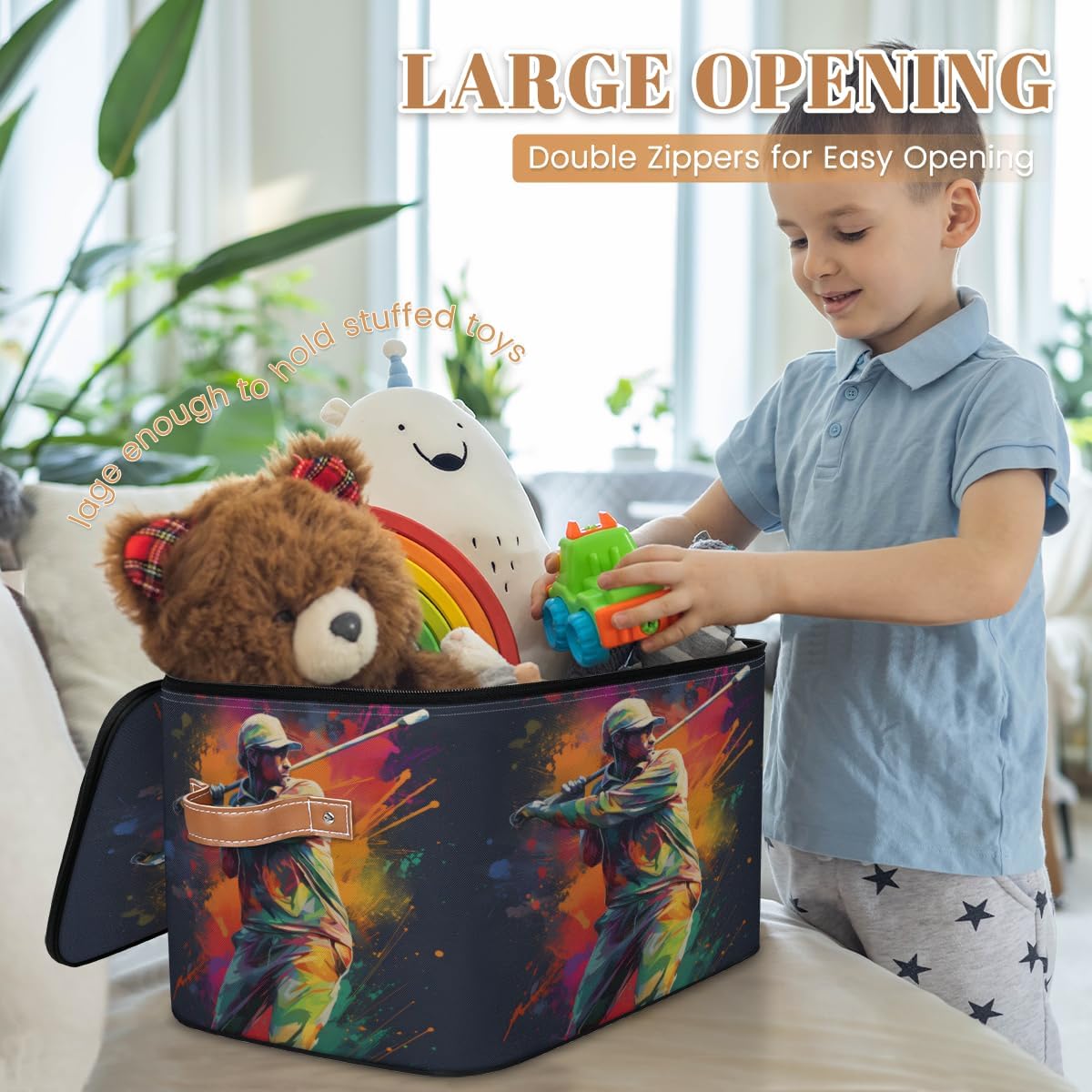 Storage Bin Set of 2 Baseball Player Storage Basket with Zipper Lid & Handle Foldable Closet Shelf 2 Pack Cloth Organizer Basket Cube Bins Clothes Organizer for Bedroom, Nursery