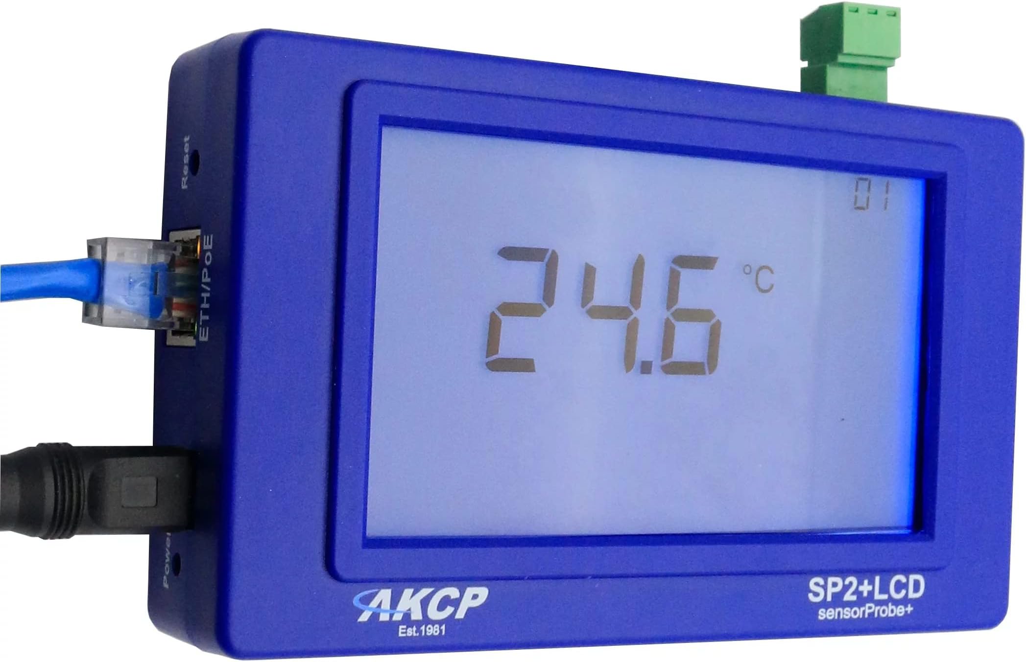AKCP SP2+LCD sensorProbe+ Environment Monitoring device 2-4 sensor ports, a plug-in Temperature Sensor and 24/7 online email alerting